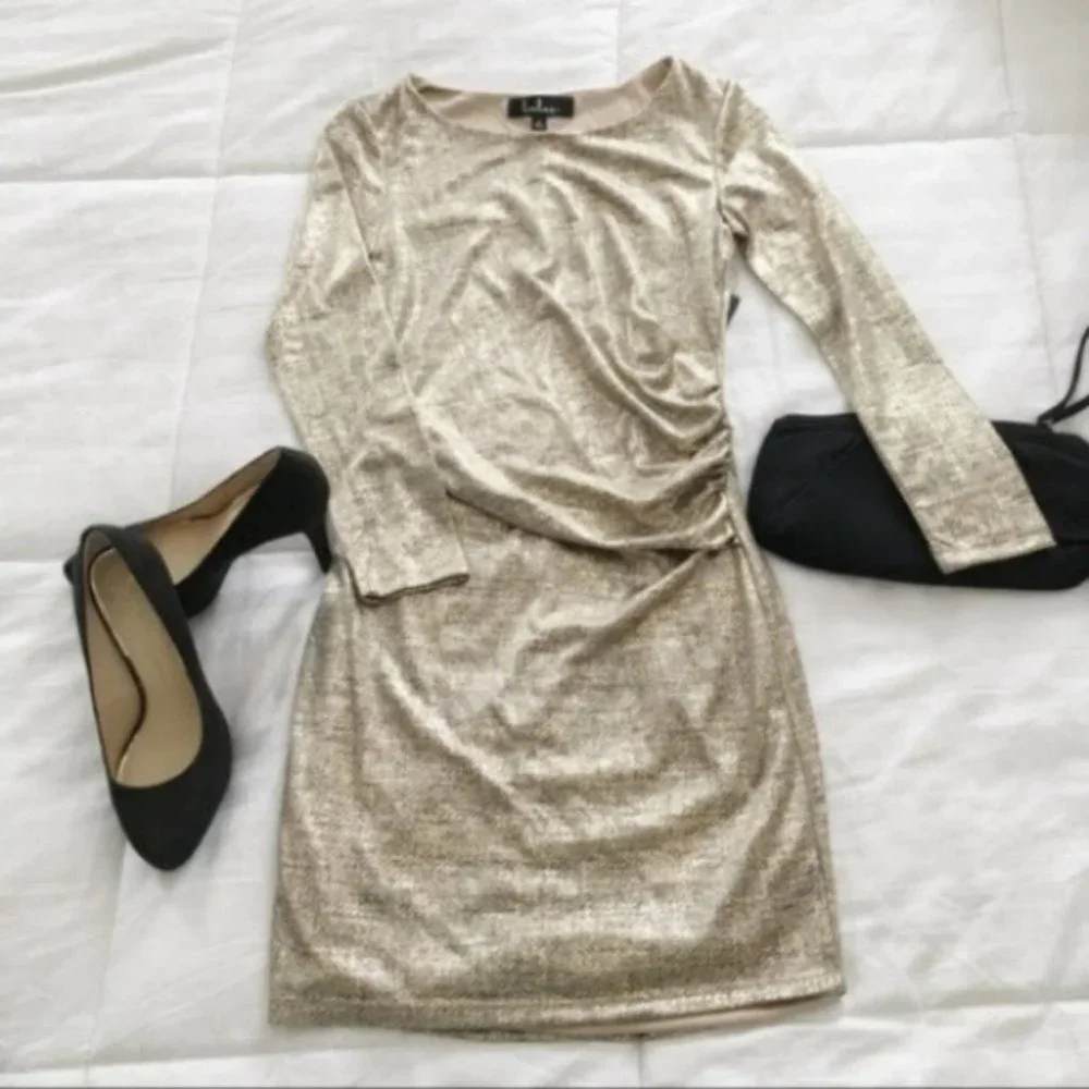 Lulus Long Sleeve Gold Dress New Years party holiday shimmer NWT - Picture 4 of 6